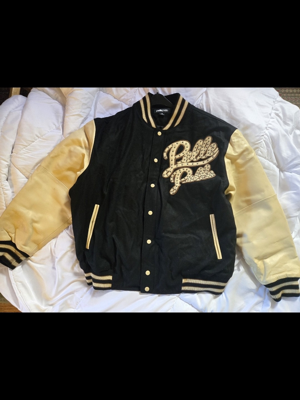 Pelle Pelle Black Jacket with Cream Sleeves and Script Patch